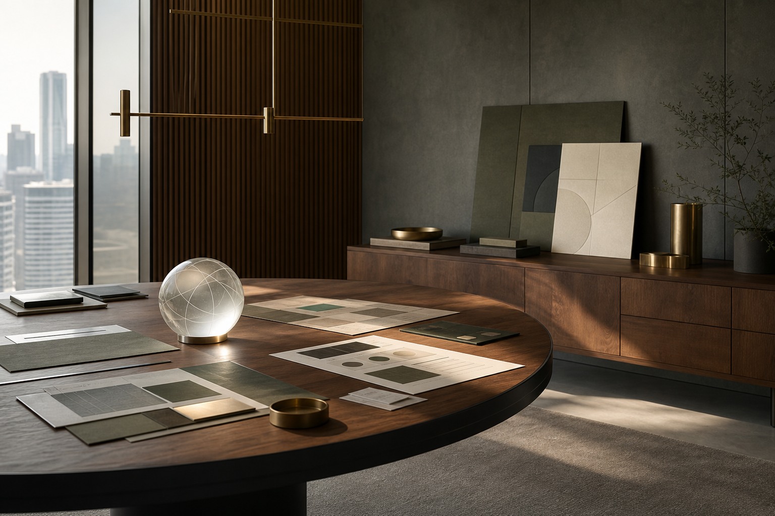 Architectural strategy room with a round table and a translucent glass sphere
